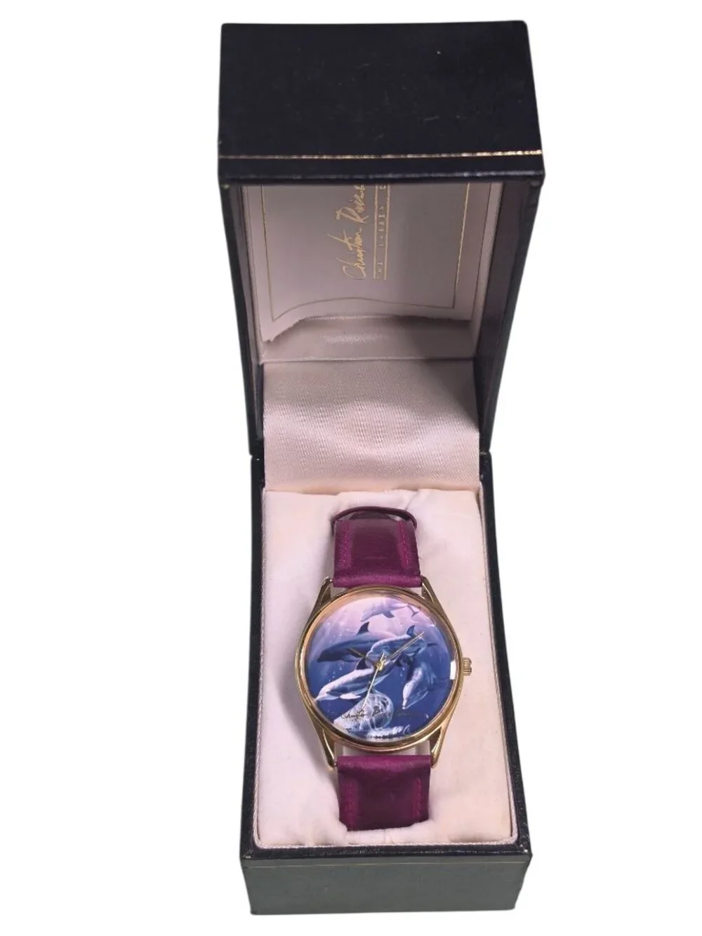 Vintage Christian Riese Lassen Dolphin Watch Pink Leather Band Original Box
